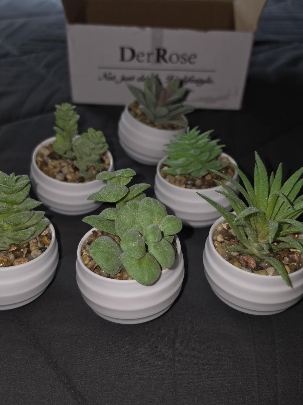 White Ceramic Mini Planter Set with Green Faux Succulents (6-Pack)